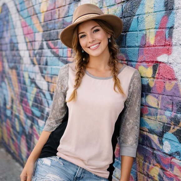 Wallflower Tops - Wallflower Lace Sleeve Blush Colorblock Top Women’s Medium